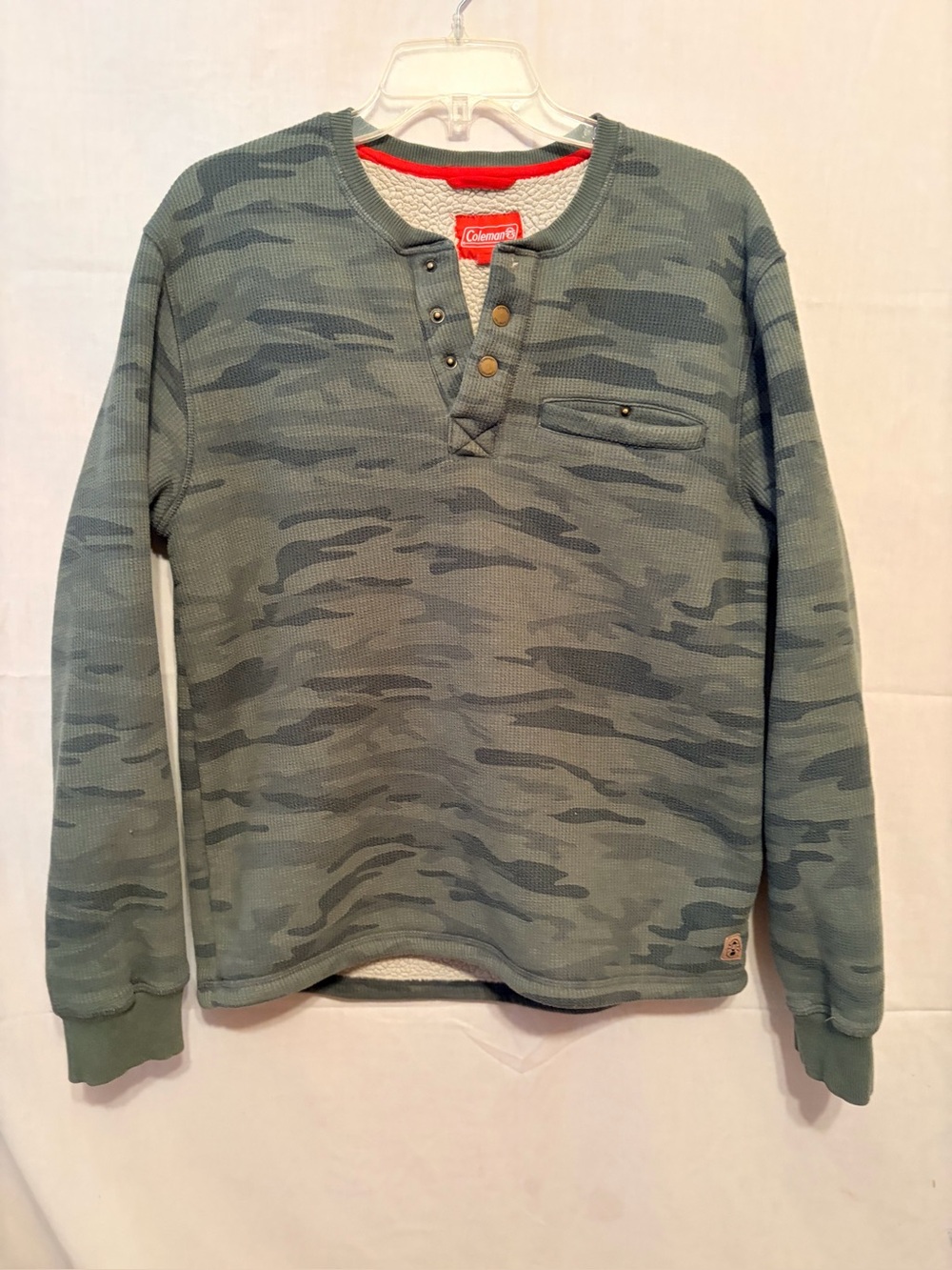Coleman Men's Green Camo Crewneck Henley Sweater